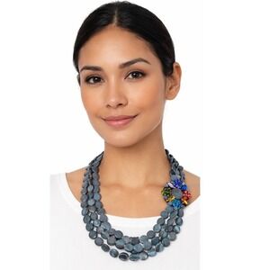 Blue Grey Multi Strand Shell Disc Necklace Millefiori Glass Heart Jewelry 103-66